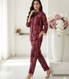 Women's maroon floral print western style shirt tunic with trouser co-ord set