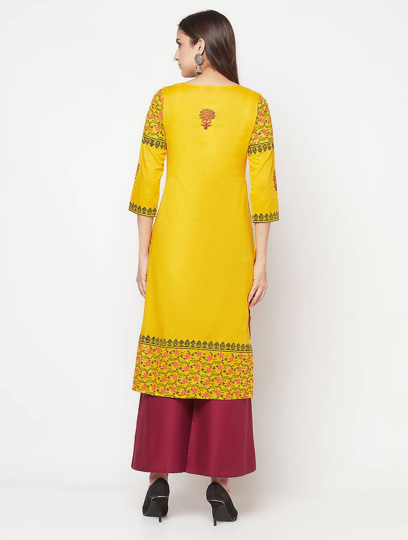 cotton block print straight kurta,mustard,(s,m,l,xl,2xl,3xl)