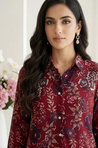 Women's maroon floral print western style shirt tunic with trouser co-ord set