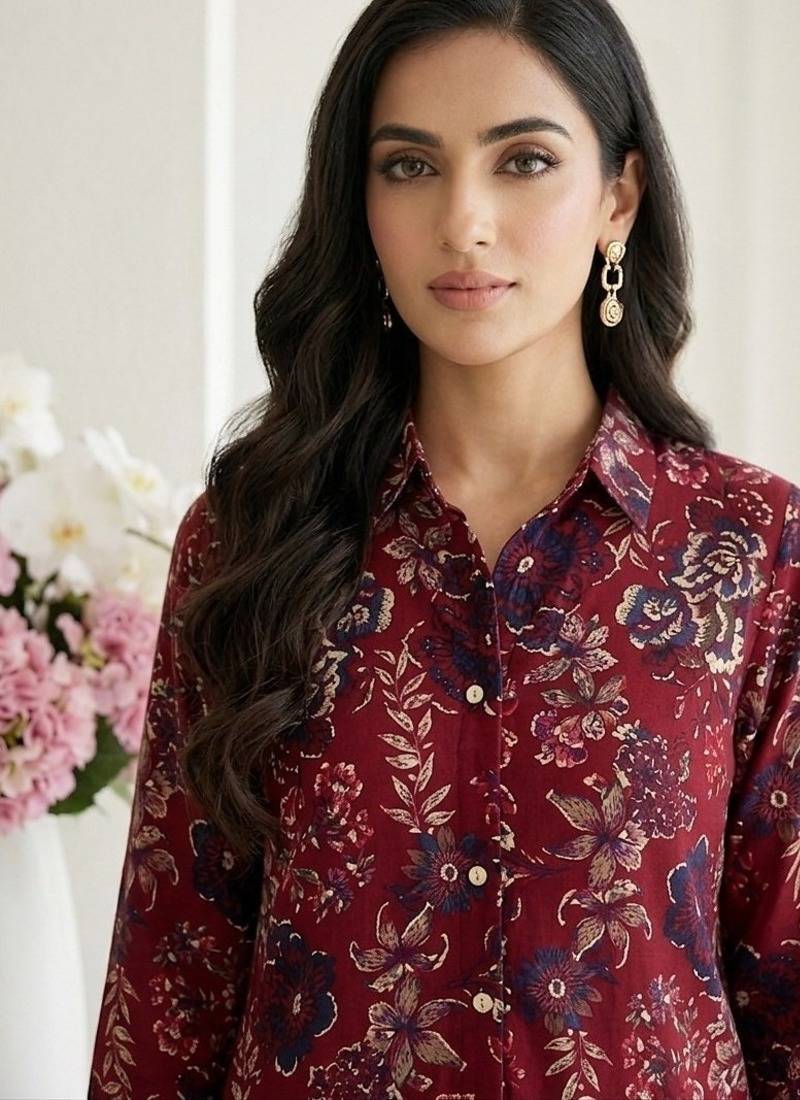 Women's maroon floral print western style shirt tunic with trouser co-ord set