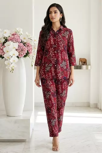 Women's maroon floral print western style shirt tunic with trouser co-ord set