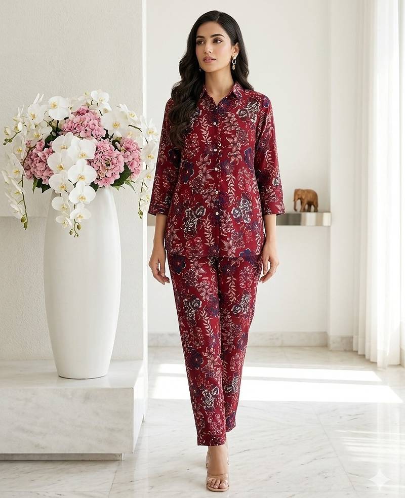 Women's maroon floral print western style shirt tunic with trouser co-ord set