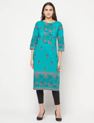 cotton block print straight kurta,turquoise,(s,m,l,xl,2xl,3xl) 1