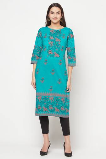cotton block print straight kurta turquoise