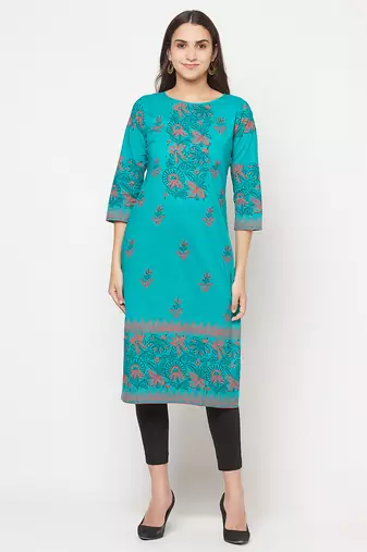 cotton block print straight kurta,turquoise,(s,m,l,xl,2xl,3xl)