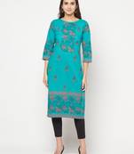 cotton block print straight kurta,turquoise,(s,m,l,xl,2xl,3xl)