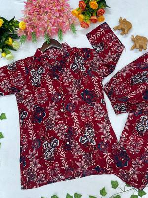 Women's maroon floral print western style shirt tunic with trouser co-ord set 4