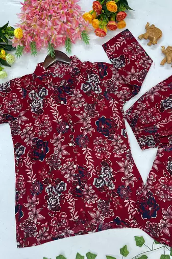 Women's maroon floral print western style shirt tunic with trouser co-ord set