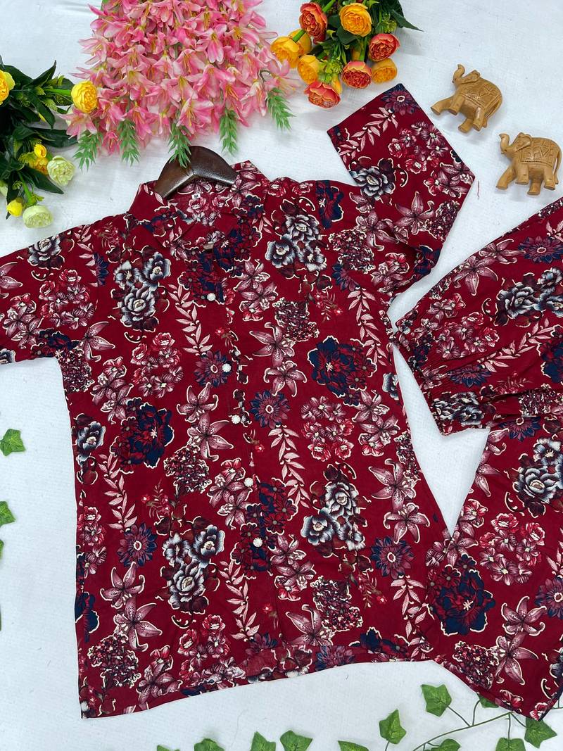 Women's maroon floral print western style shirt tunic with trouser co-ord set