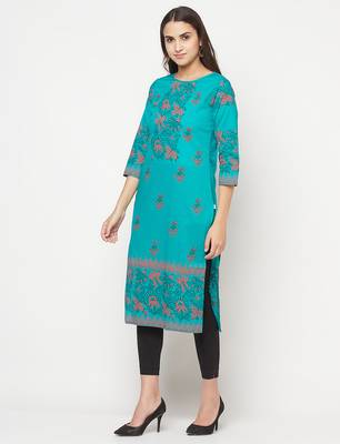 cotton block print straight kurta,turquoise,(s,m,l,xl,2xl,3xl) 2