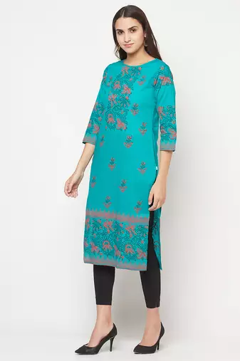 cotton block print straight kurta,turquoise,(s,m,l,xl,2xl,3xl)
