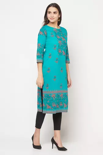 cotton block print straight kurta,turquoise,(s,m,l,xl,2xl,3xl)