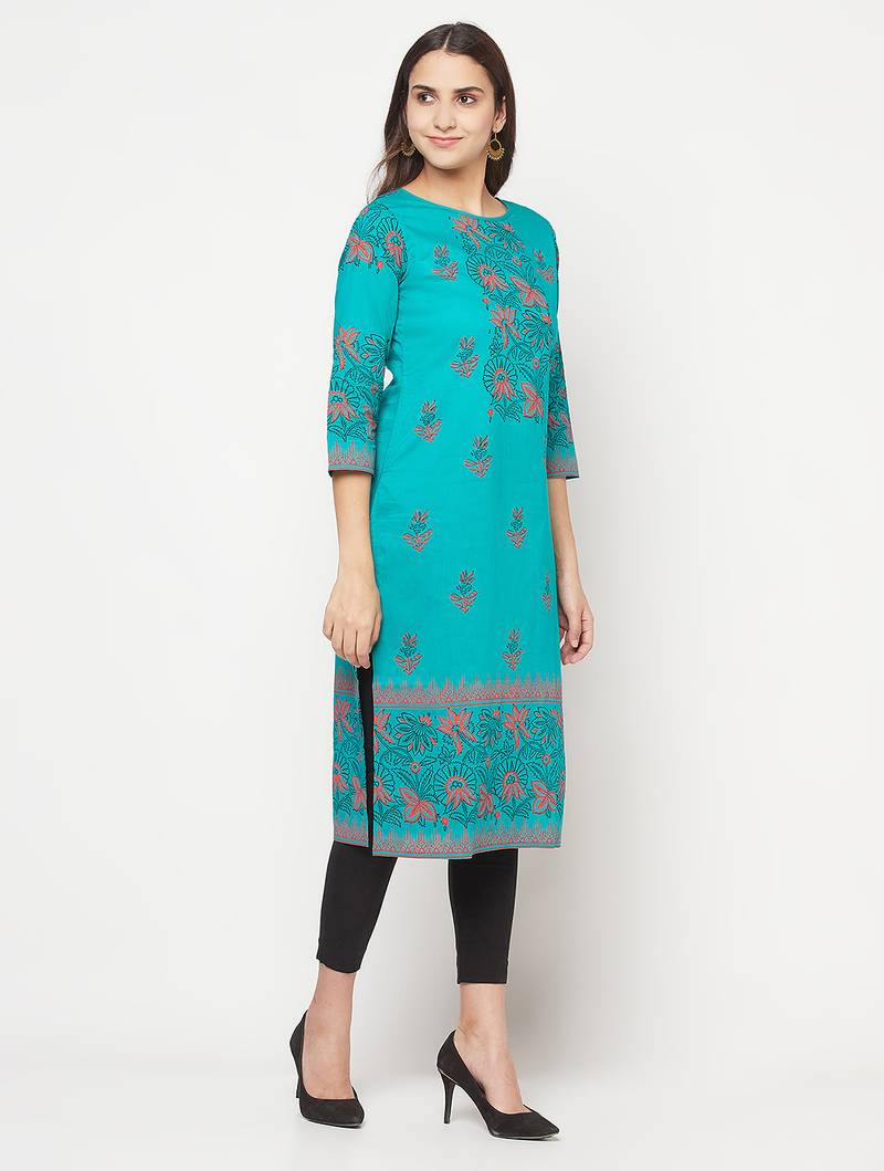 cotton block print straight kurta,turquoise,(s,m,l,xl,2xl,3xl)