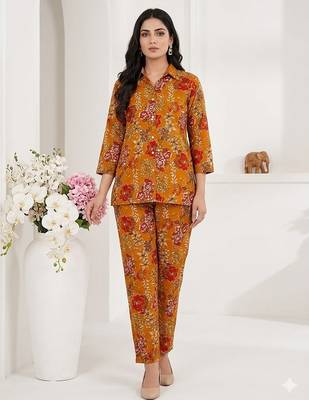 Women's mustard floral print western style shirt tunic with trouser co-ord set 1