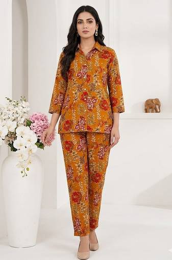 Women's mustard floral print western style shirt tunic with trouser co-ord set