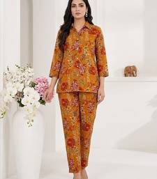 Women's mustard floral print western style shirt tunic with trouser co-ord set