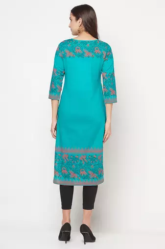 cotton block print straight kurta,turquoise,(s,m,l,xl,2xl,3xl)