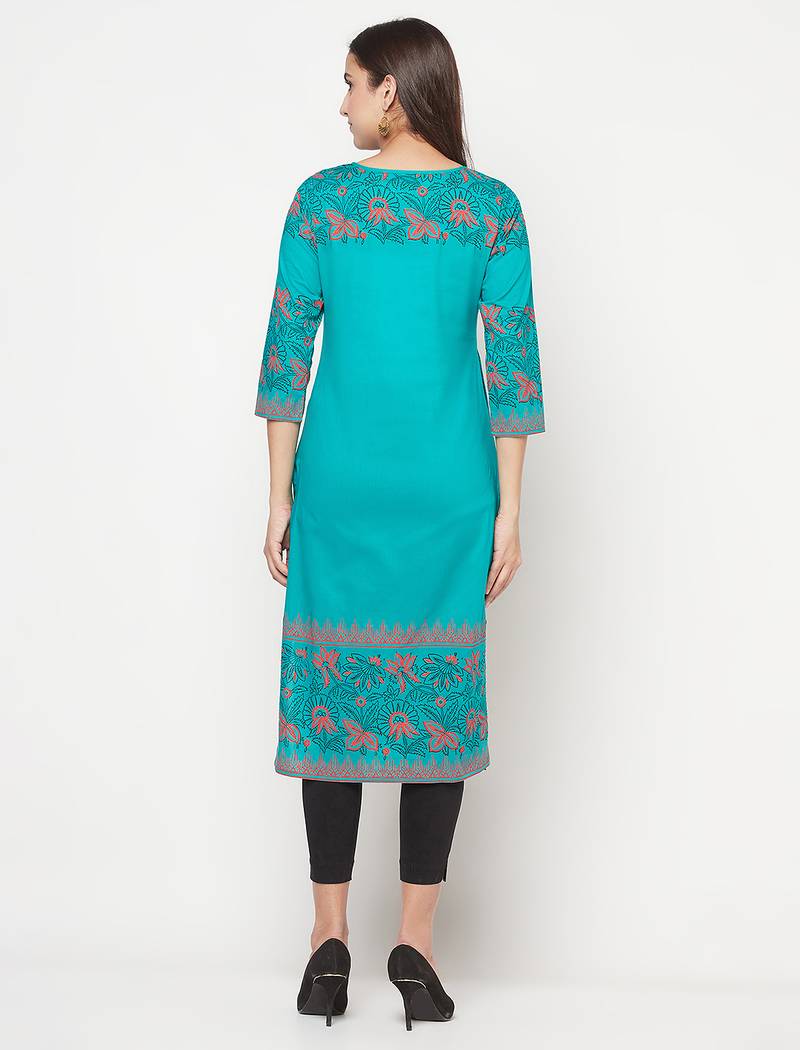 cotton block print straight kurta,turquoise,(s,m,l,xl,2xl,3xl)