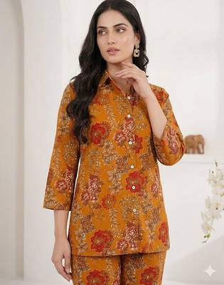 Women's mustard floral print western style shirt tunic with trouser co-ord set 2