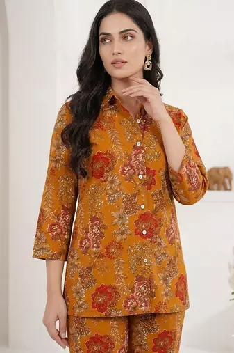 Women's mustard floral print western style shirt tunic with trouser co-ord set
