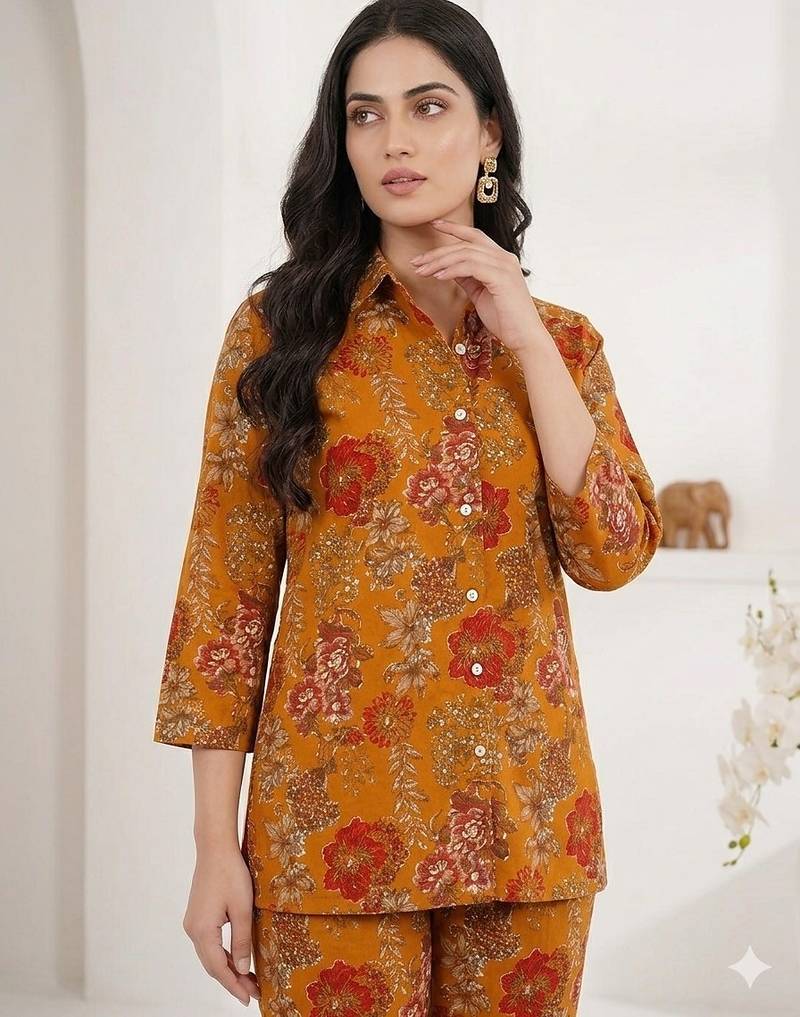 Women's mustard floral print western style shirt tunic with trouser co-ord set