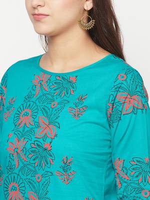 cotton block print straight kurta,turquoise,(s,m,l,xl,2xl,3xl) 5