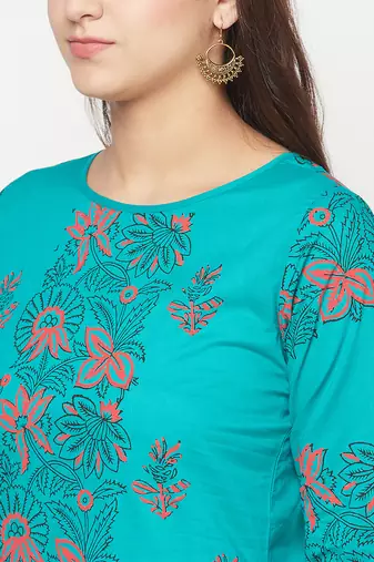 cotton block print straight kurta,turquoise,(s,m,l,xl,2xl,3xl)