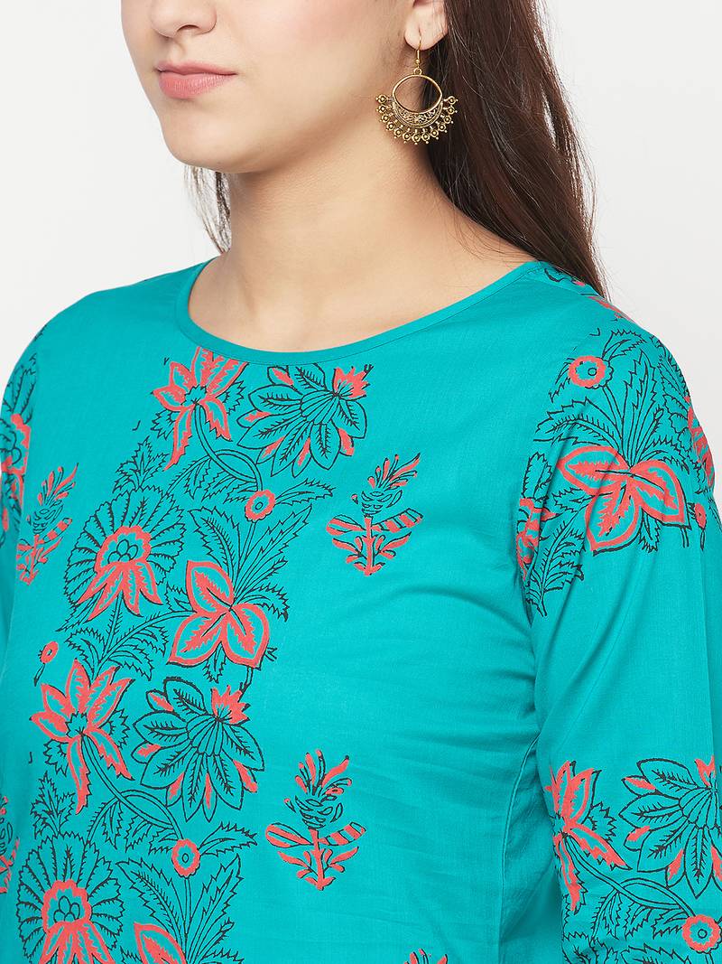 cotton block print straight kurta,turquoise,(s,m,l,xl,2xl,3xl)