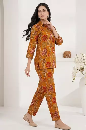 Women's mustard floral print western style shirt tunic with trouser co-ord set