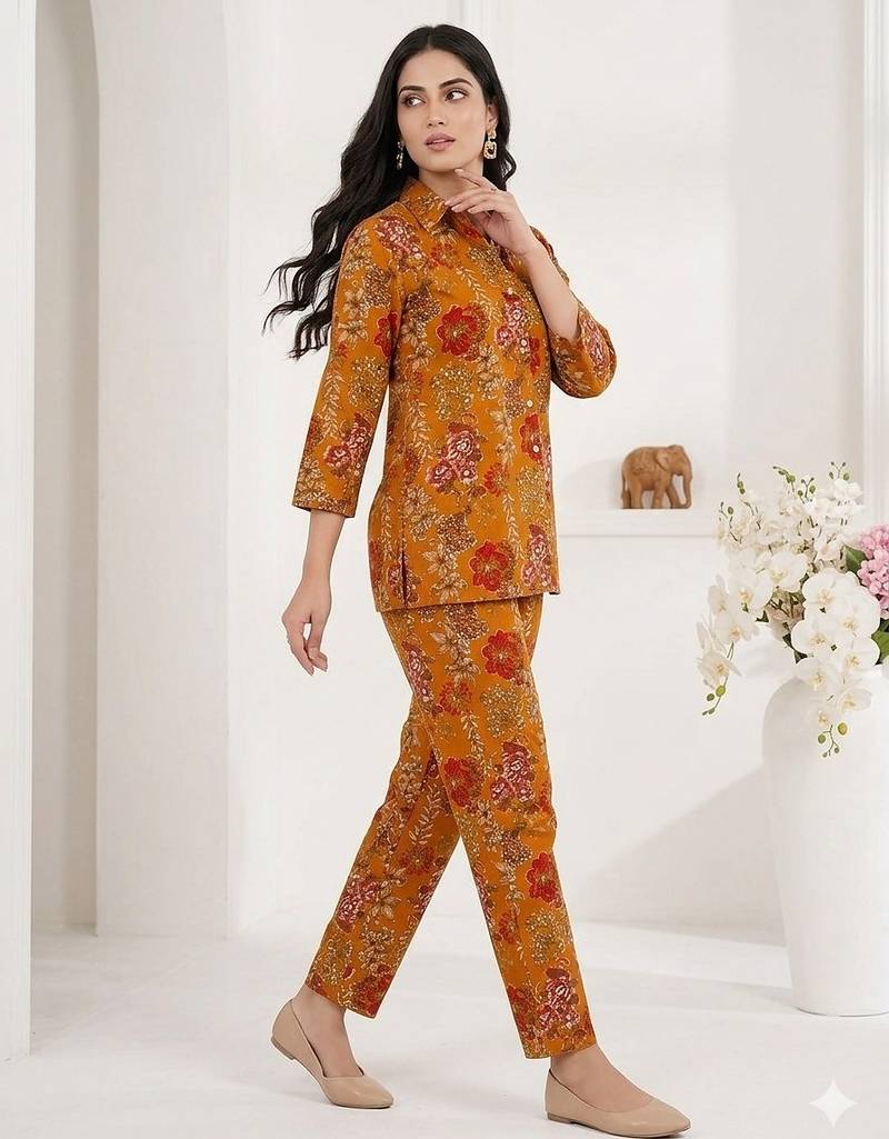 Women's mustard floral print western style shirt tunic with trouser co-ord set