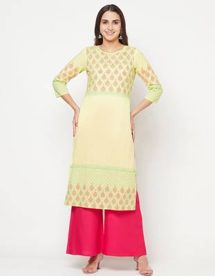 cotton block print straight kurta,lemon,(s,m,l,xl,2xl,3xl) 1