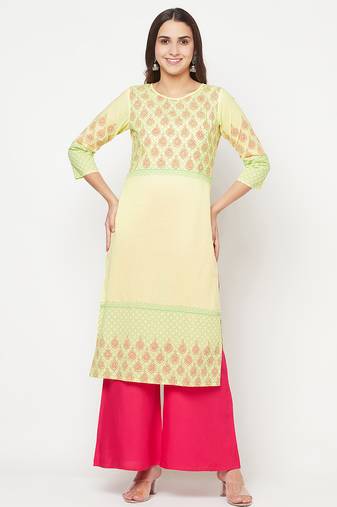 cotton block print straight kurta lemon