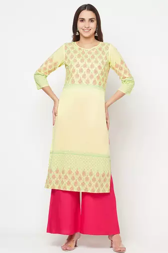 cotton block print straight kurta,lemon,(s,m,l,xl,2xl,3xl)