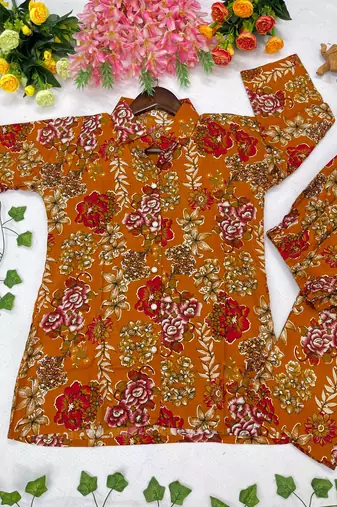 Women's mustard floral print western style shirt tunic with trouser co-ord set