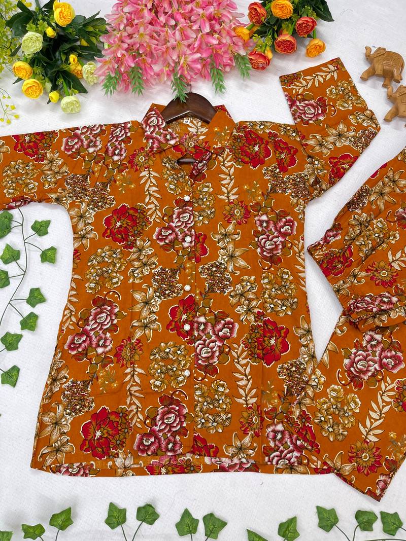 Women's mustard floral print western style shirt tunic with trouser co-ord set