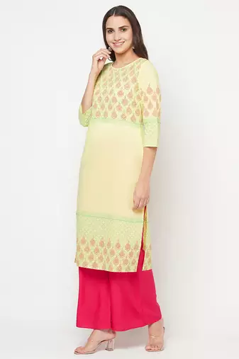 cotton block print straight kurta,lemon,(s,m,l,xl,2xl,3xl)