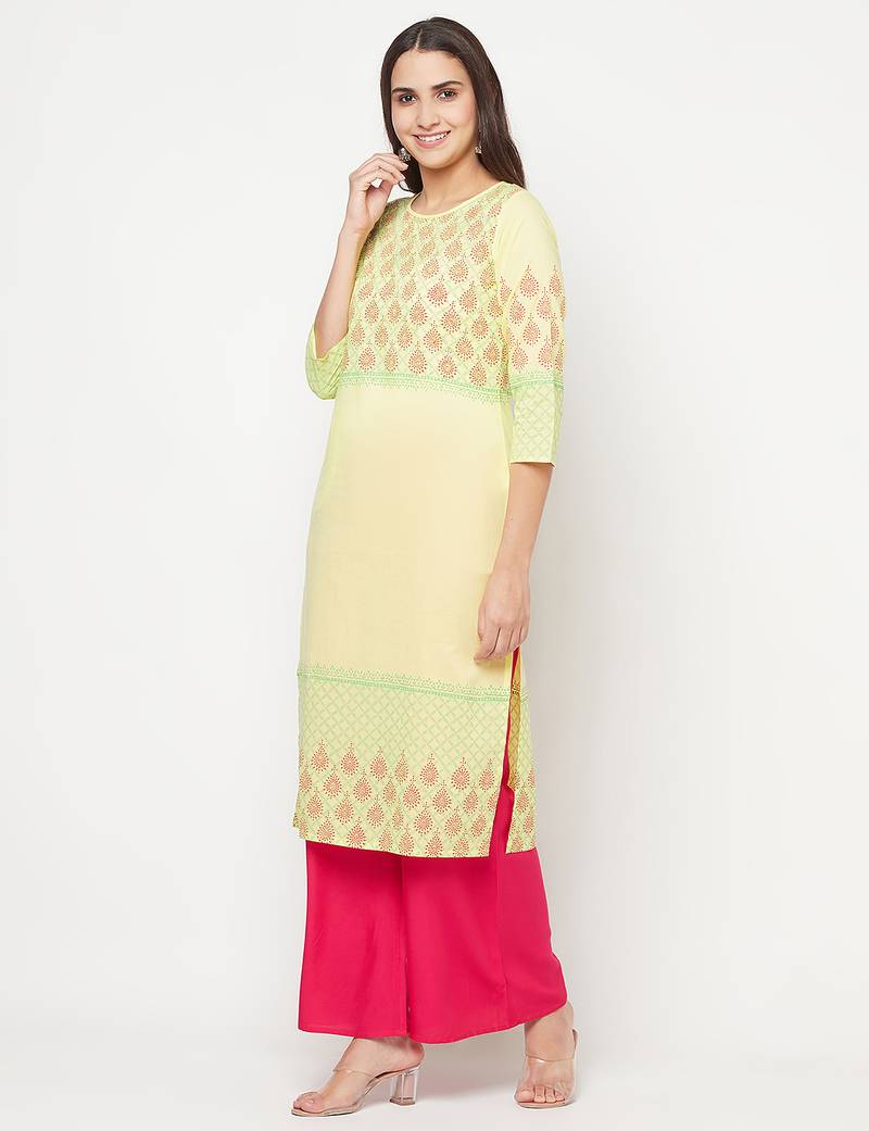 cotton block print straight kurta,lemon,(s,m,l,xl,2xl,3xl)