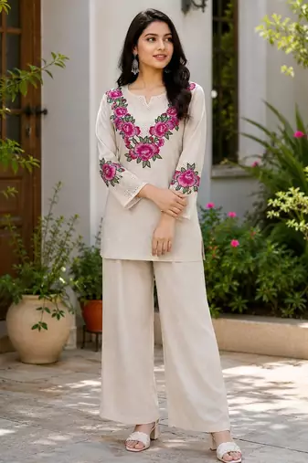 Beige cotton linen floral embroidered kurta and palazzo co-ord set