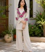 Beige cotton linen floral embroidered kurta and palazzo co-ord set