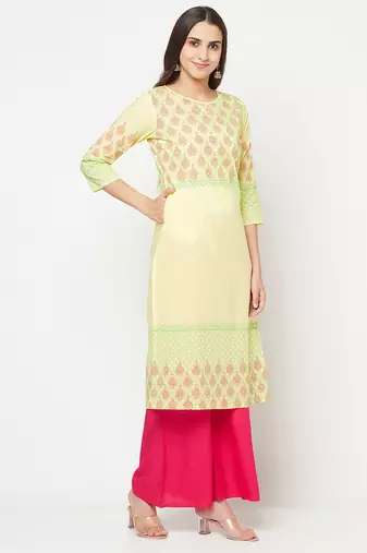 cotton block print straight kurta,lemon,(s,m,l,xl,2xl,3xl)