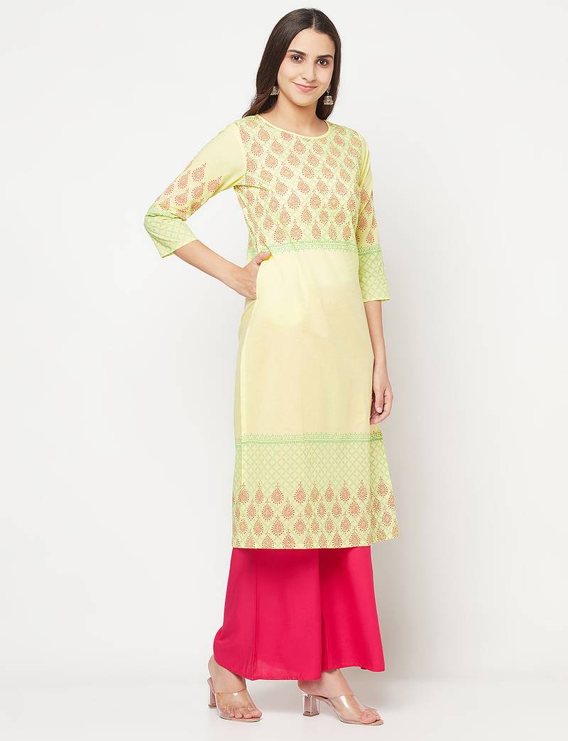 cotton block print straight kurta,lemon,(s,m,l,xl,2xl,3xl)