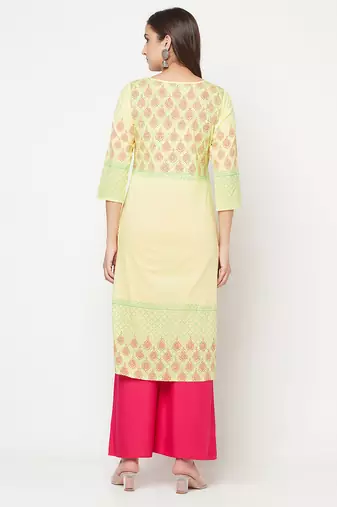 cotton block print straight kurta,lemon,(s,m,l,xl,2xl,3xl)