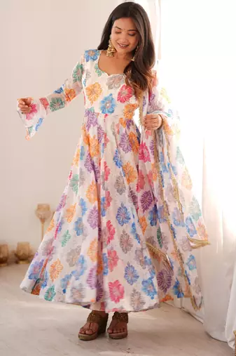 Women's multicolor floral print anarkali suit with dupatta