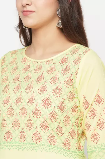 cotton block print straight kurta,lemon,(s,m,l,xl,2xl,3xl)