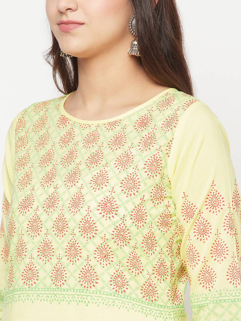 cotton block print straight kurta,lemon,(s,m,l,xl,2xl,3xl)