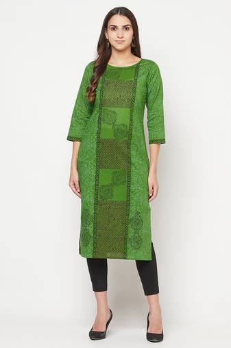 cotton block print straight kurta,green,(s,m,l,xl,2xl,3xl)