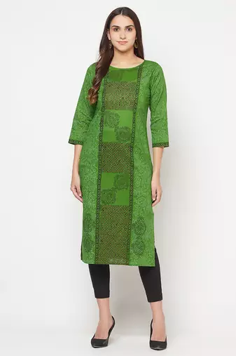 cotton block print straight kurta,green,(s,m,l,xl,2xl,3xl)