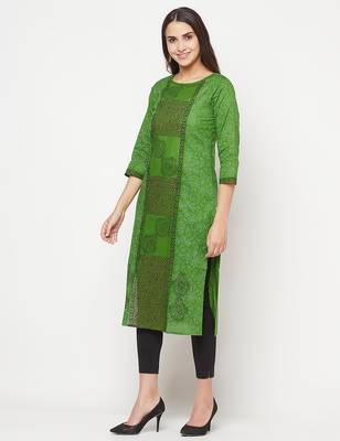 cotton block print straight kurta,green,(s,m,l,xl,2xl,3xl) 2