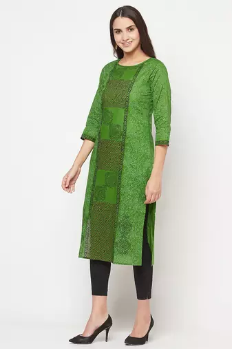cotton block print straight kurta,green,(s,m,l,xl,2xl,3xl)