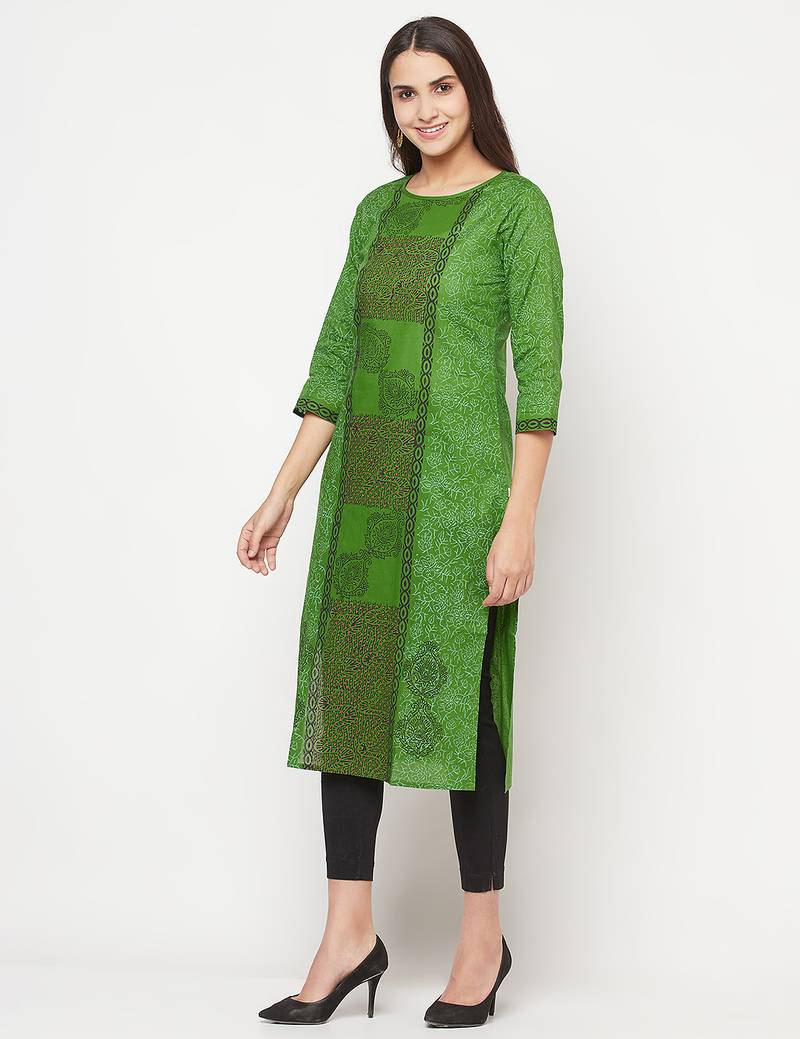 cotton block print straight kurta,green,(s,m,l,xl,2xl,3xl)